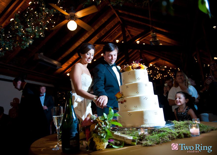 Bride and groom cut cake