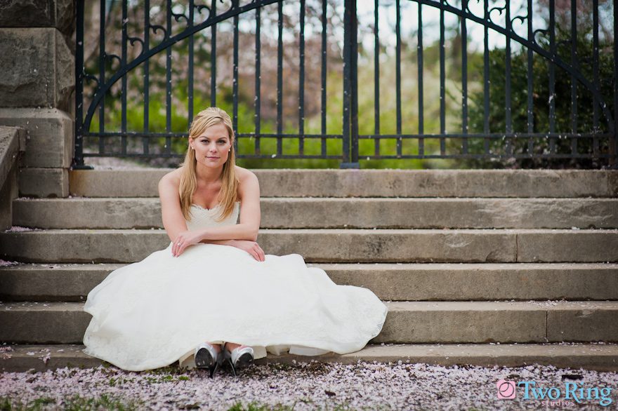 Bride sitting on steps